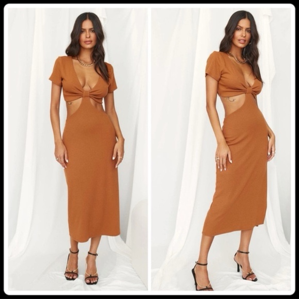 12th Tribe Rust Cutout Twist Midi Dress